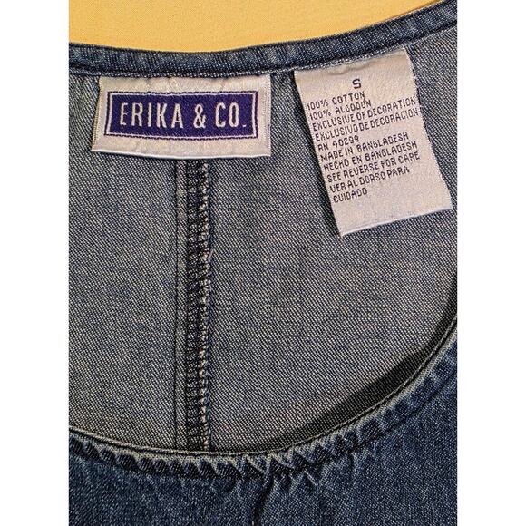 Erika and Co. Vintage Denim Dress Small Blue Embroidered Floral Sleeveless Boho - Picture 4 of 5